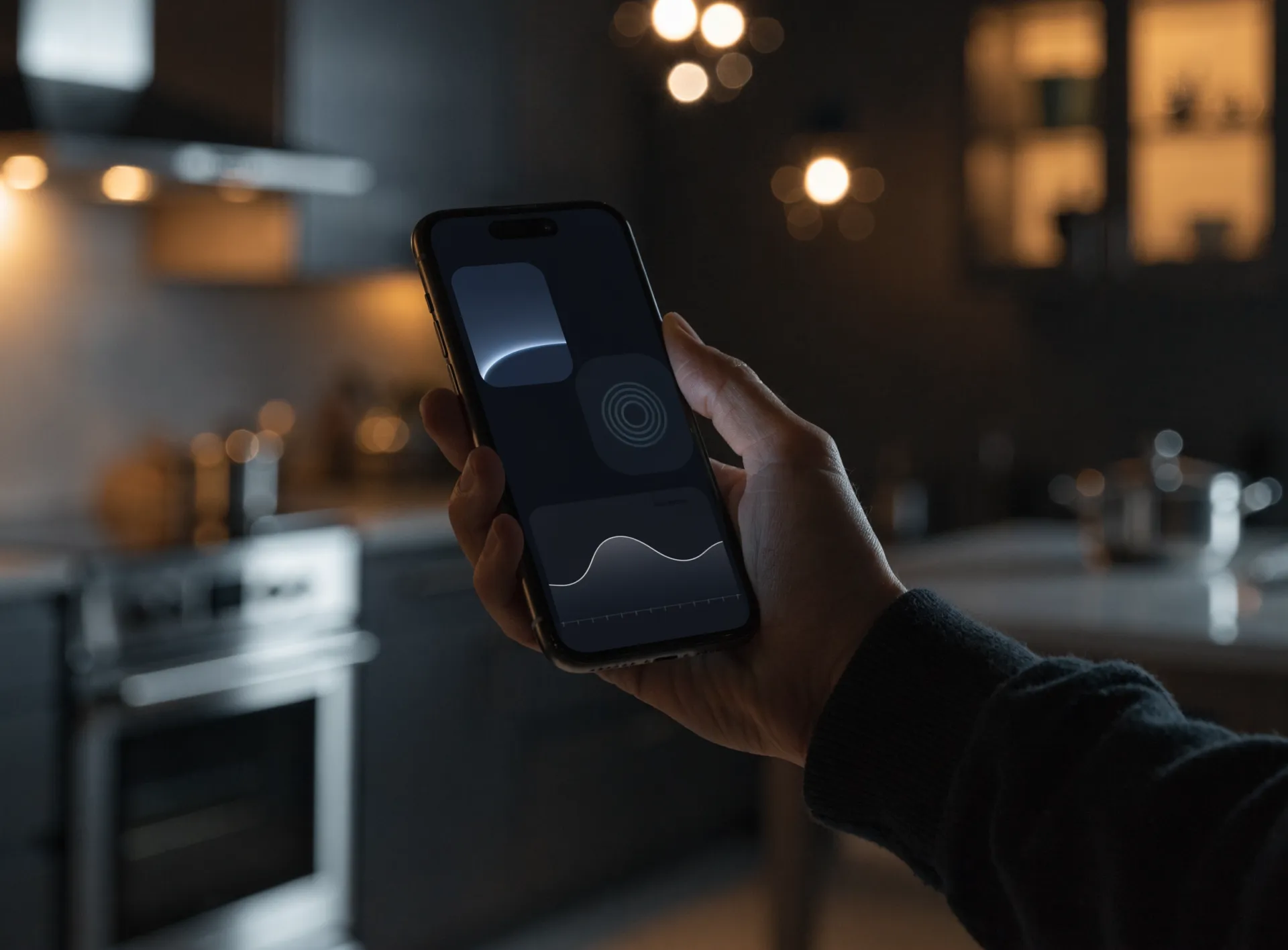 Smartphone mit Smart-Home-App in moderner Küche