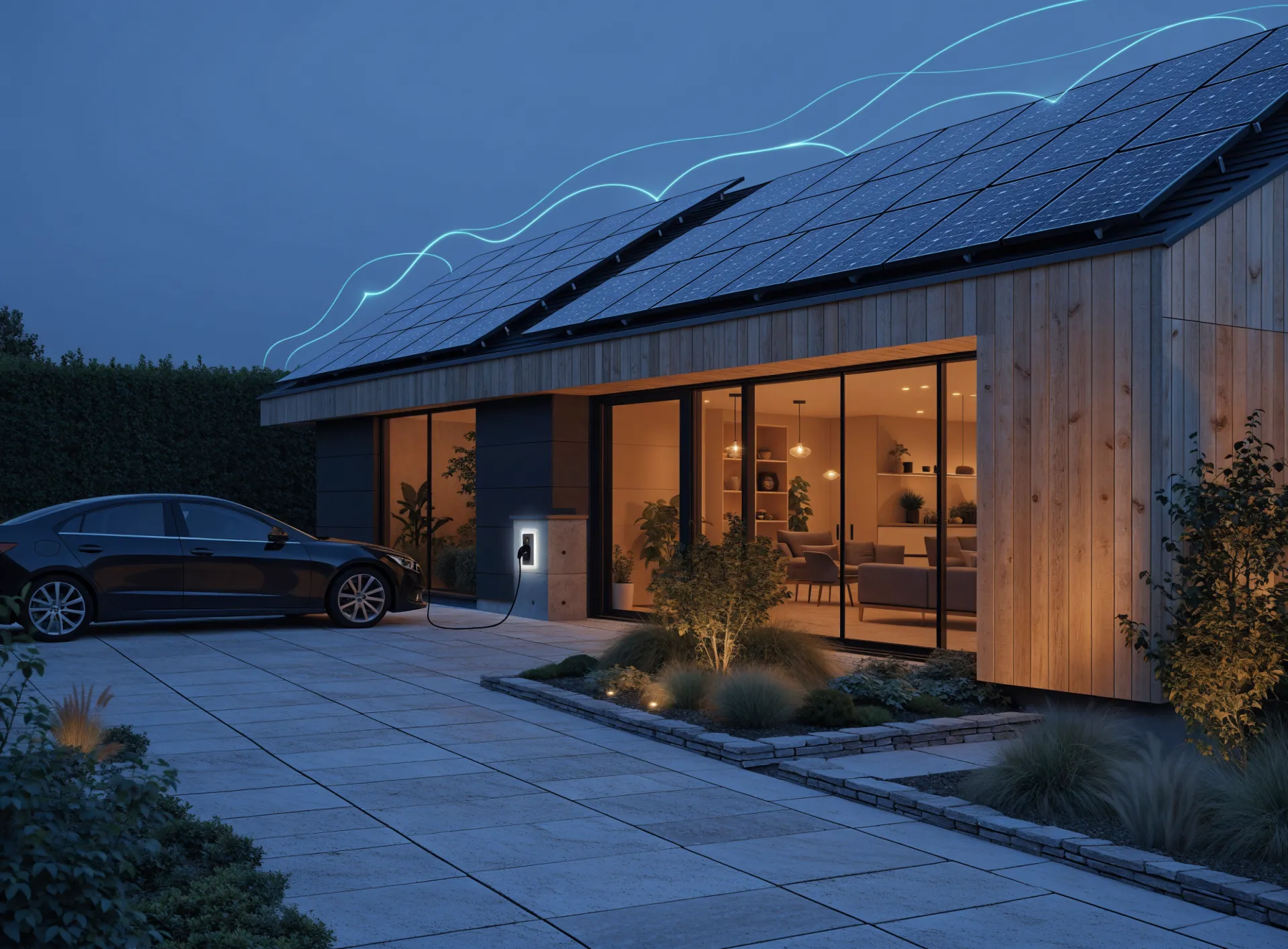 Modernes Haus mit Solaranlage und E-Auto an der Wallbox